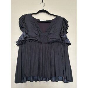 Mustard Seed Blouse Top Women's Navy Flowy Flutter Sleeve Empire Waist Ruffle L